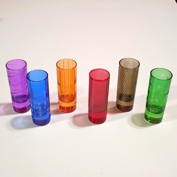 Mikasa Other - Mikasa Colored Cheers Mix Set of 6 Etched 2 oz Double Shooter Glasses, 4” Tall